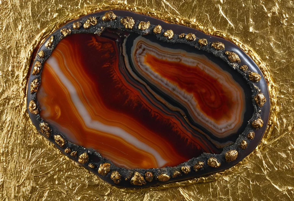 Macro of an agate burnishing stone polishing freshly laid gold leaf on a carved frame over red bole