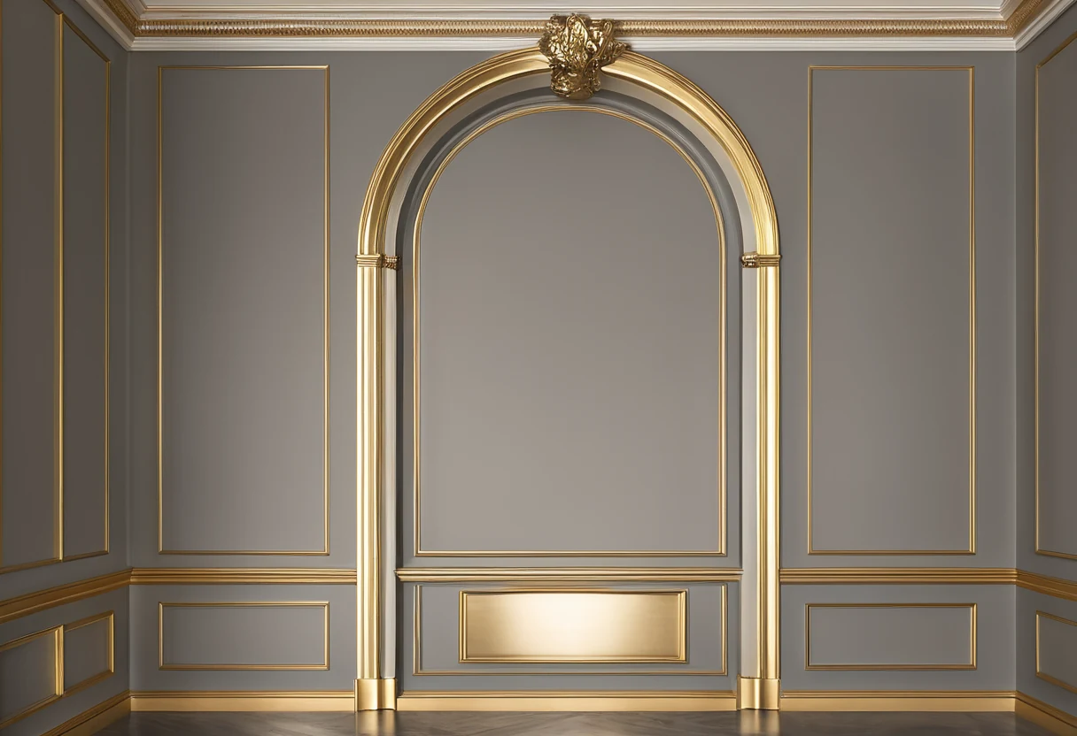 Contemporary classic interior with one gilded cornice line and gilded niche interior against matte grey panels